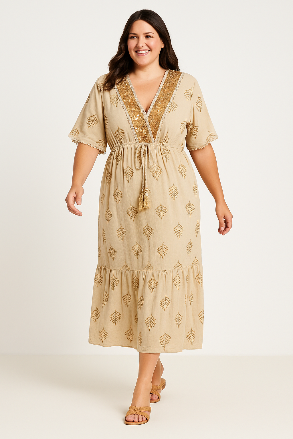 Boho V-Neck Sequin Embellished Kaftan Style Maxi Dress