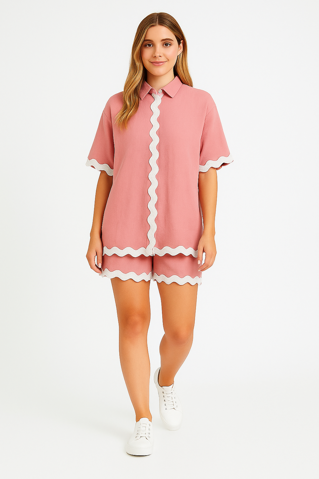 Oversized Shirt And Drawstring Shorts Viscose Blend Tape Coord Set