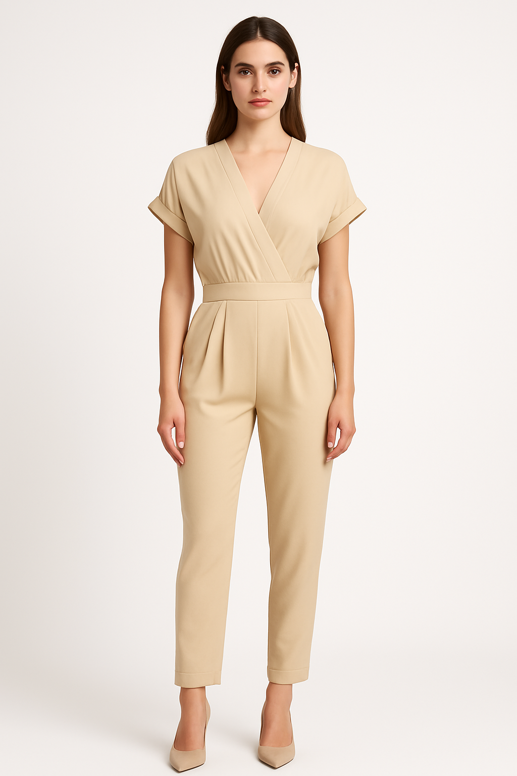 Crinkle Wrap V- Neck Tapered Leg Viscose Short Sleeve Jumpsuit