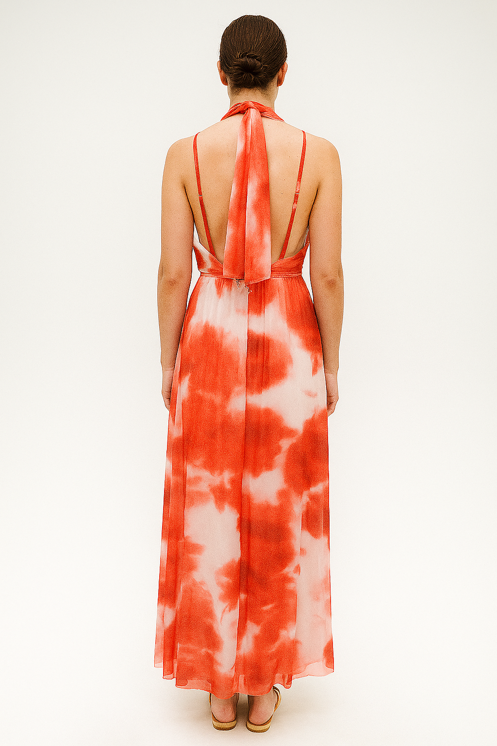 Watercolour Print Semi Sheer Chiffon Halterneck Empire Waist Flowy Long Dress