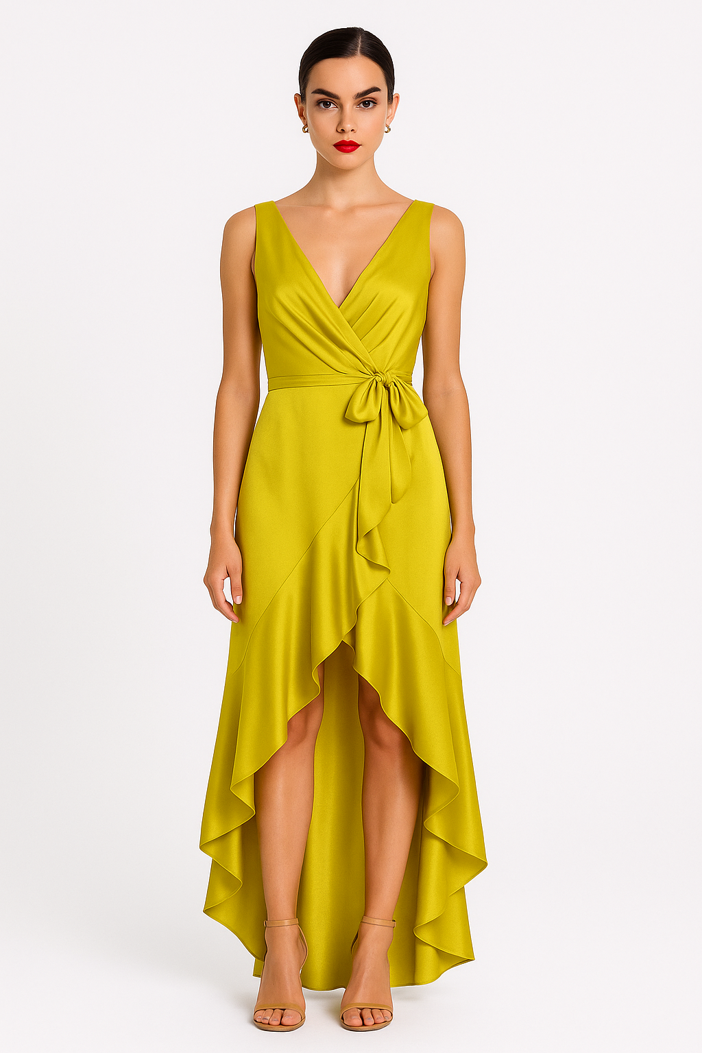 Sleeveless Wrap Style Satin High Low Dress
