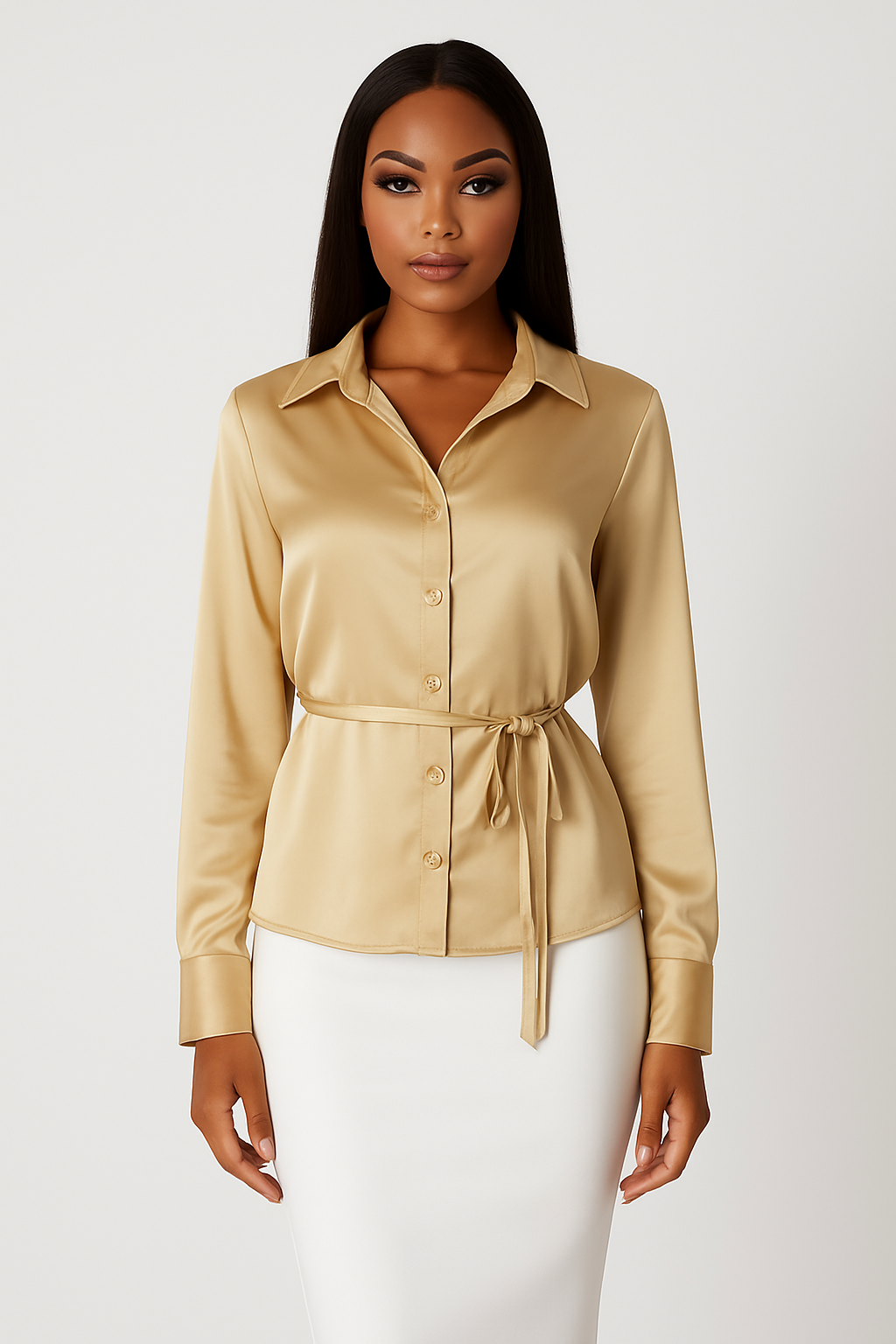 Satin Button Down Tie Waist Elegant Blouse