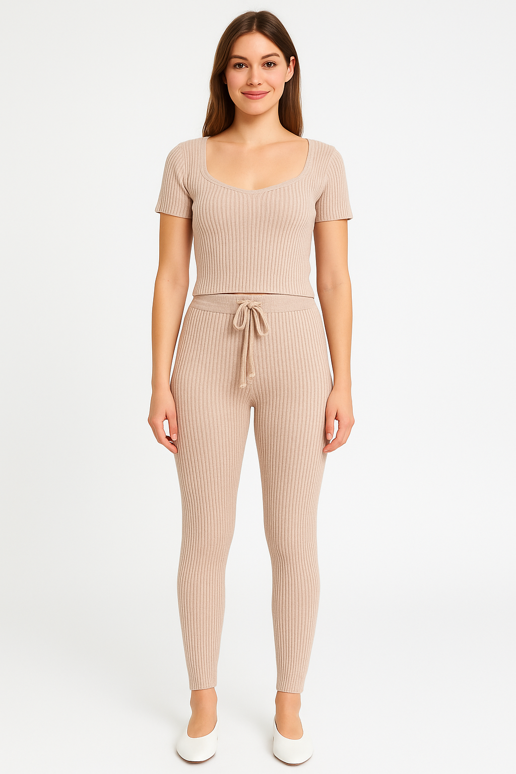 Ribbed Knit Short Sleeve Top And Leggings Two-Piece Loungewear Set