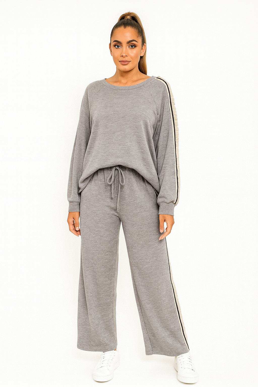 Long Side Stripe Sleeve Sweatshirt And Wide Leg Textured Coord Set