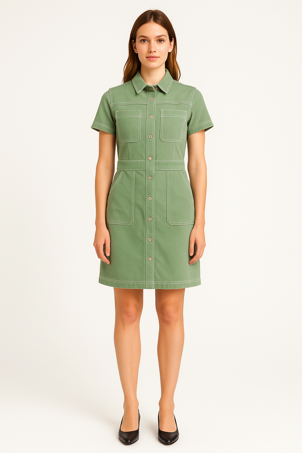 Contrast Stitch Popper Fastening Short Olive Denim Dress