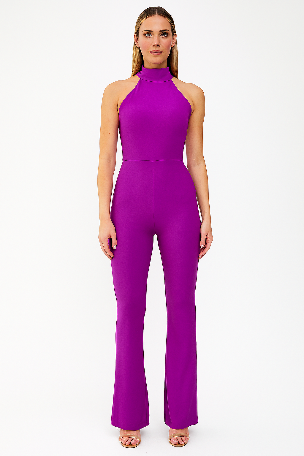 Halter Neck Backless Flared Leg Tall Girlfriendly Jumpsuit