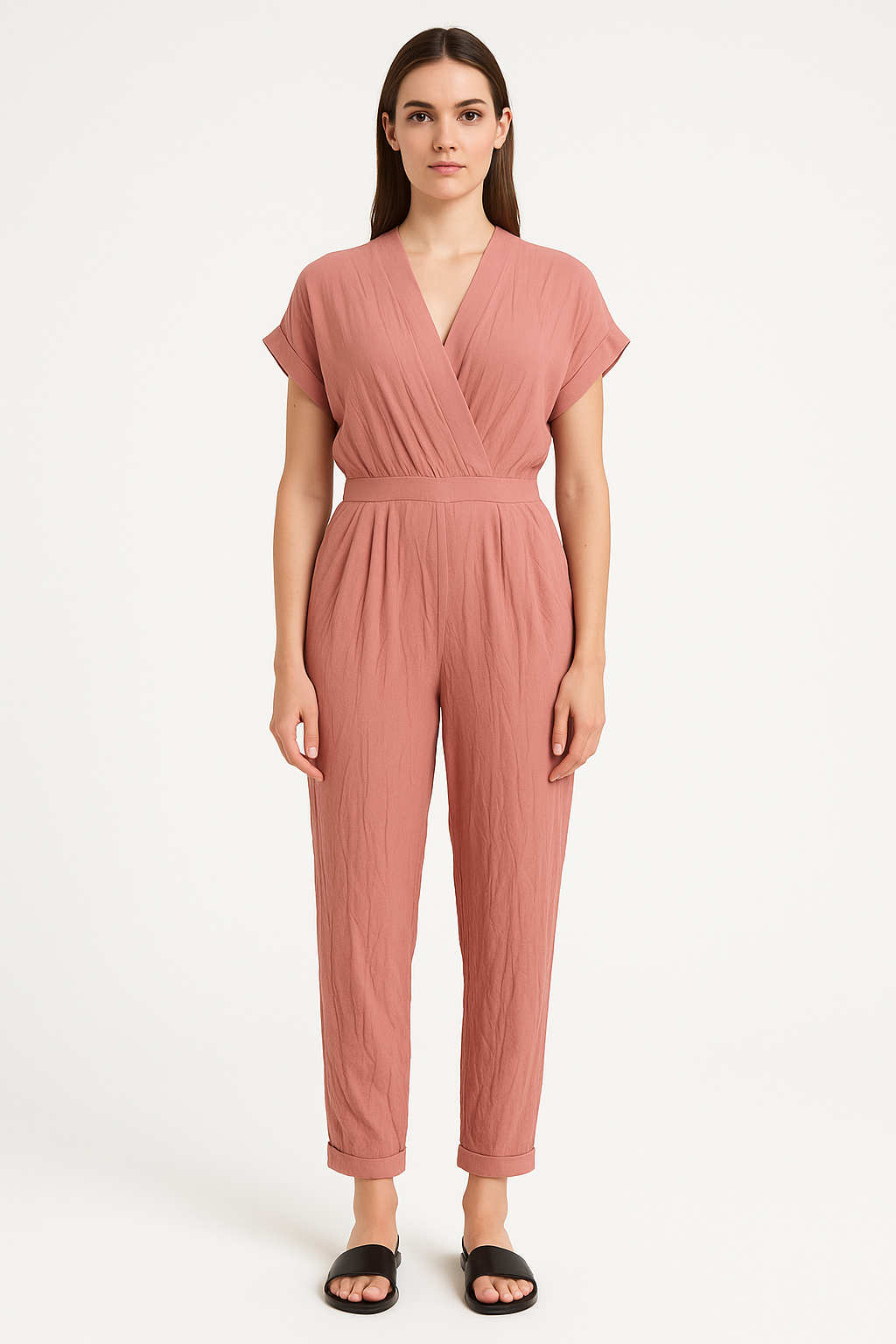Crinkle Wrap V- Neck Tapered Leg Viscose Short Sleeve Jumpsuit