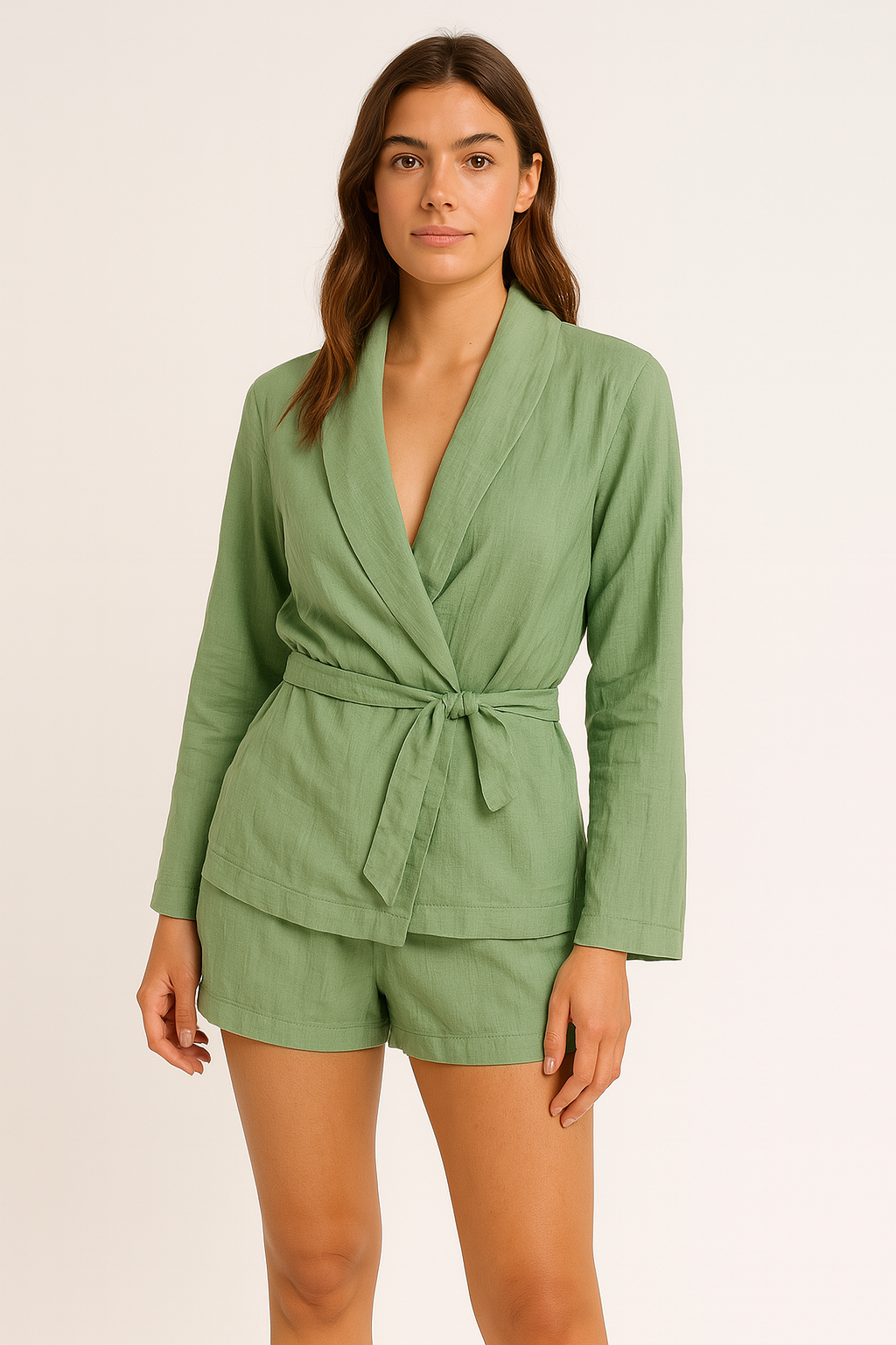 Viscose Blend Oversized Wrap Top And Button Shorts Crinkled Coord Set