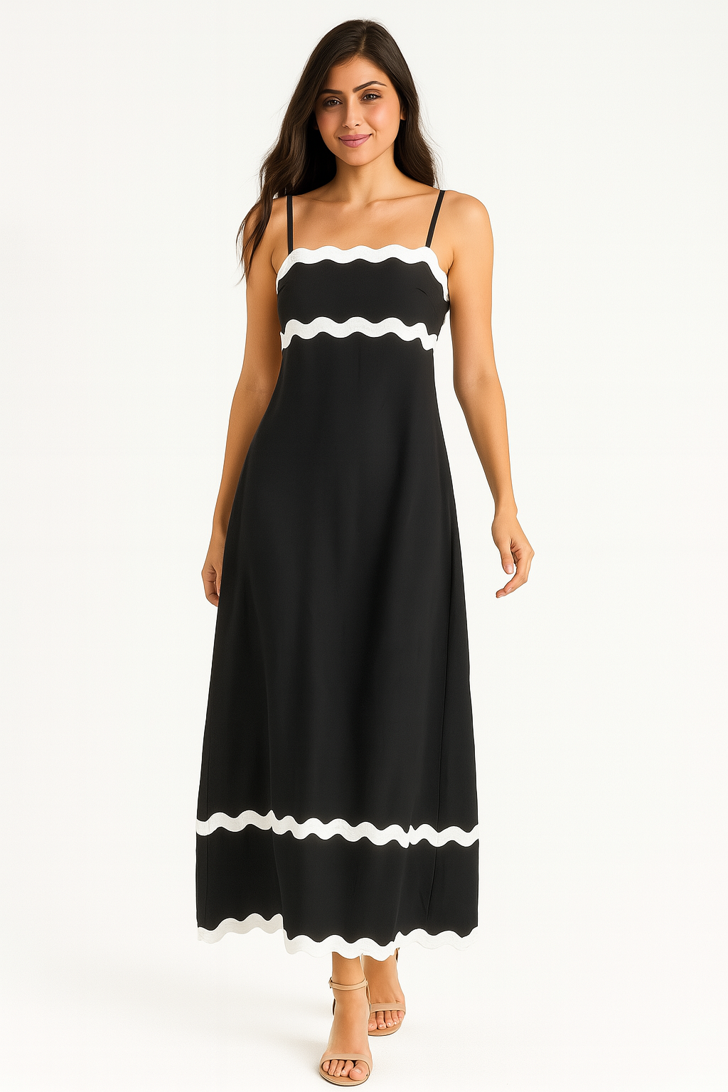 Viscose Blend Conrast Biding Flowy A-Line Strappy Maxi Dress