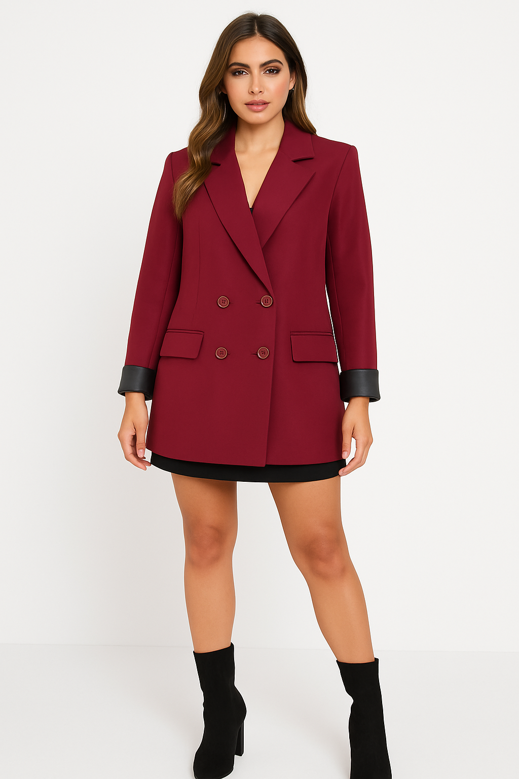 Wholesale Women's Rolled Up Contrast Panel Sleeve Longline Double Breasted Jacket (PACK OF 4)