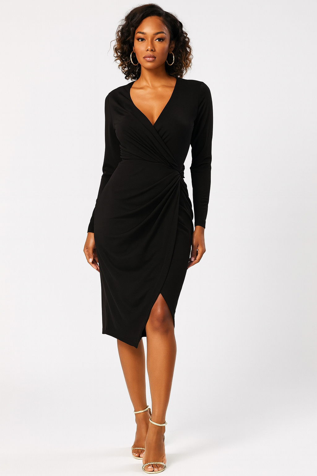 Deep V-Cut Neck Wrap Style Stretchy Midi Dress