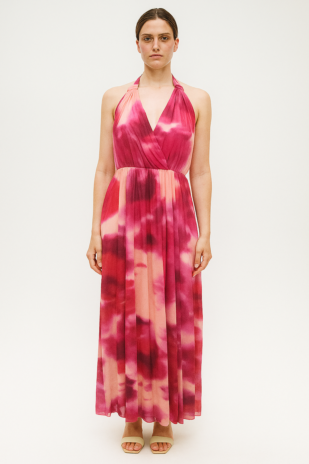 Wholesale Women's Watercolour Print Semi Sheer Chiffon Halterneck Empire Waist Flowy Long Dress (PACK OF 6)