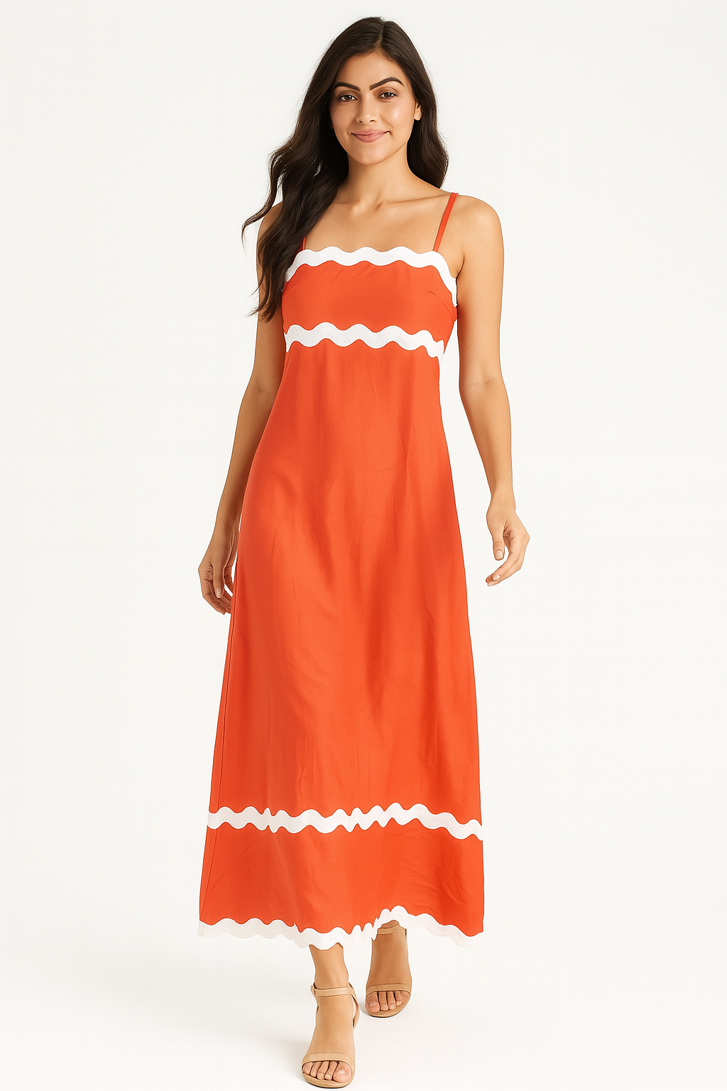 Viscose Blend Conrast Biding Flowy A-Line Strappy Maxi Dress