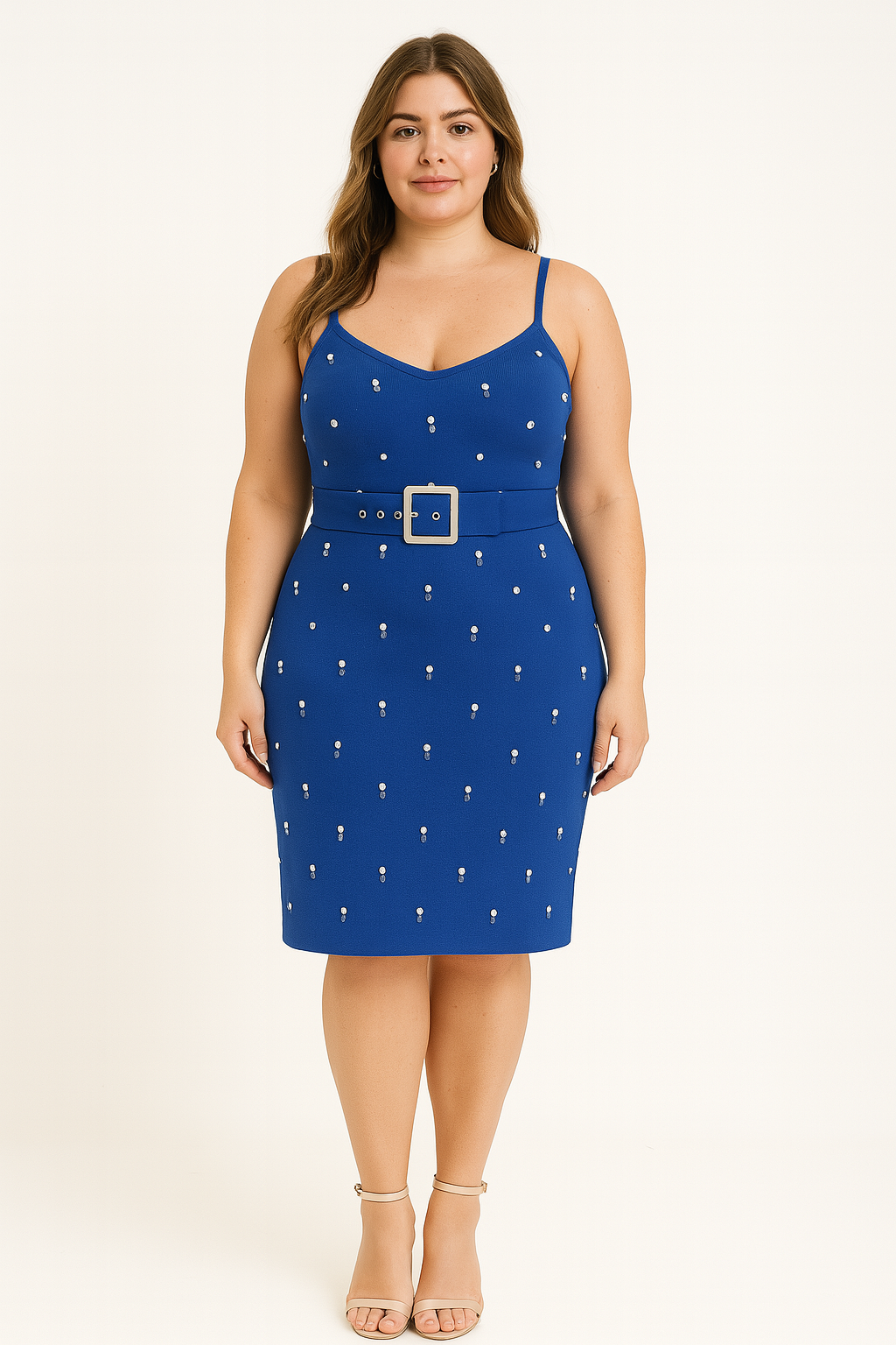 Adjustable Straps Pearl Beads Viscose Blend Knit Belted Midi Dress