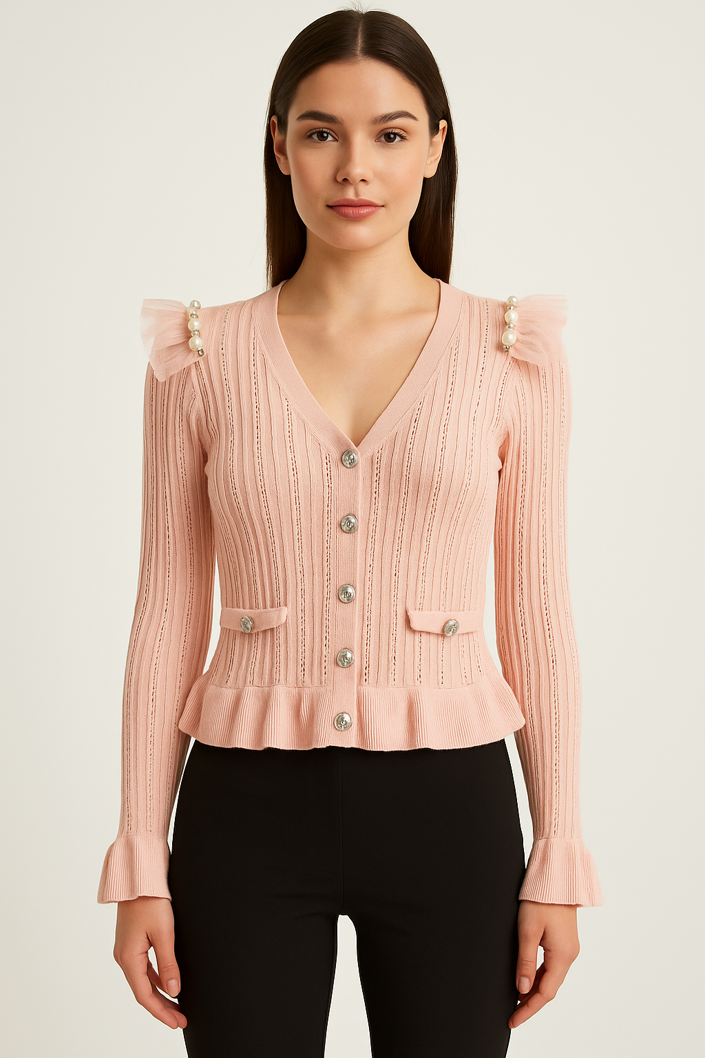 Button V-Neck Eyelet Knit Embellished Viscose Cardigan