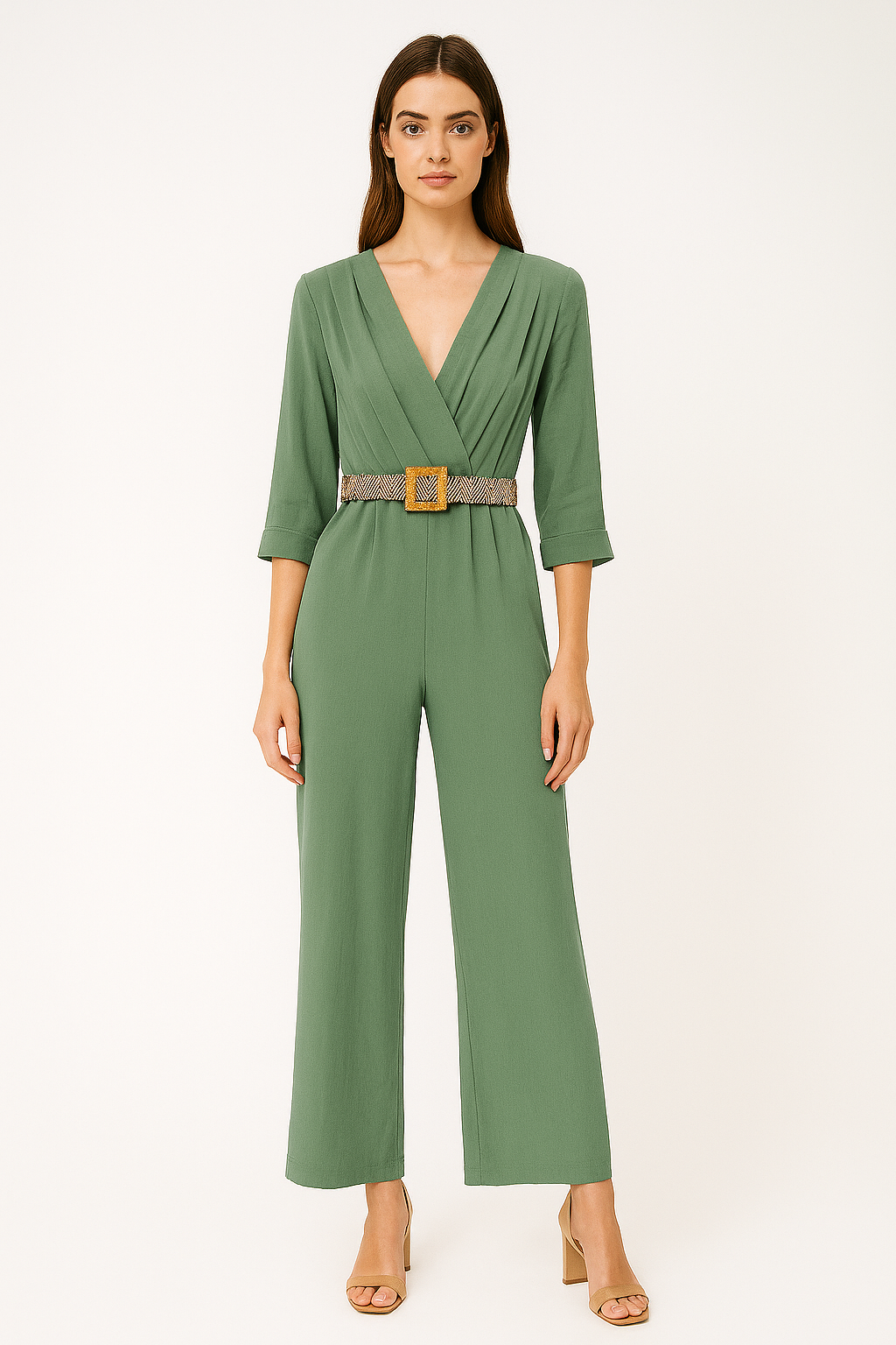 Belted 3/4 Sleeve V-Neck Wrap Style Wide Leg Jumpsuit