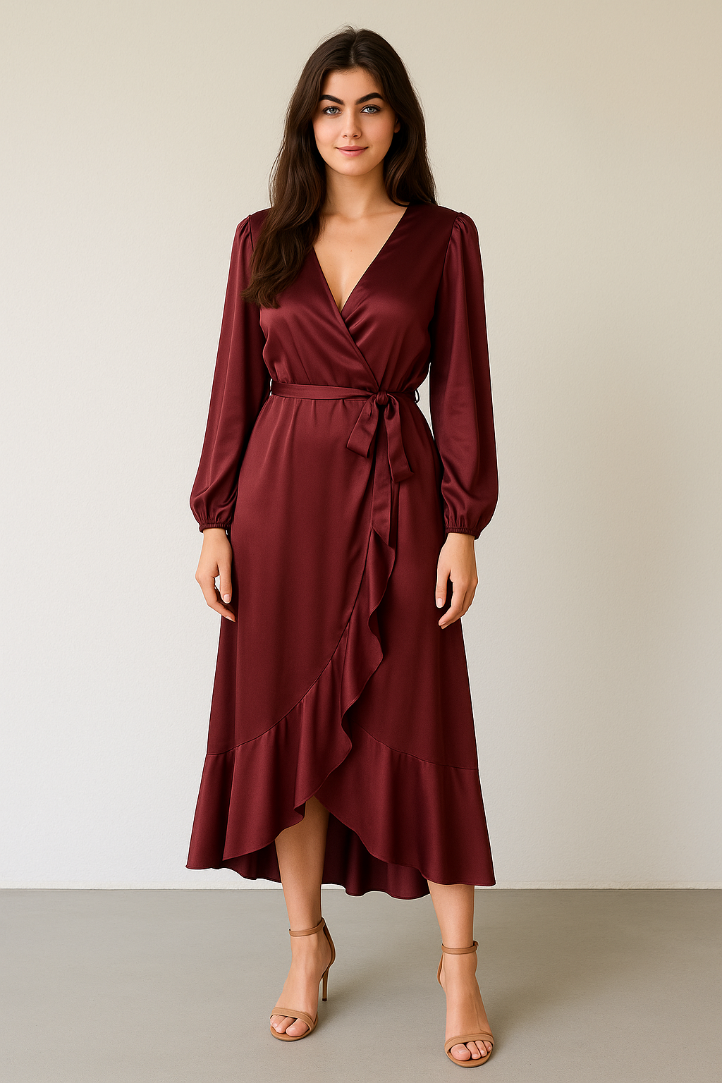 Wrap Around High-Low Frill Elegant Satin Dress
