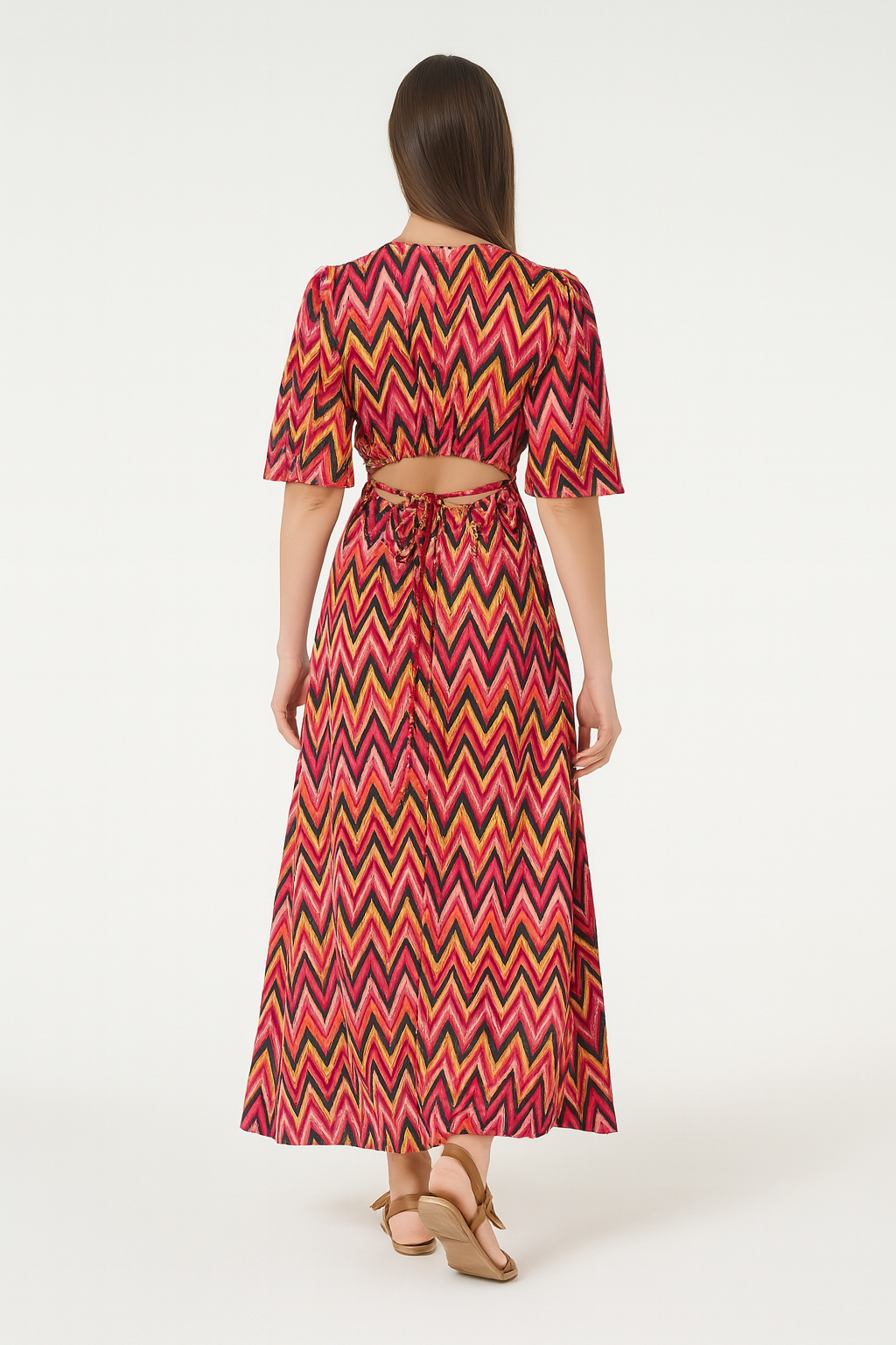 Cut Out Back Bold Zig Zag Print Long Tie Dress