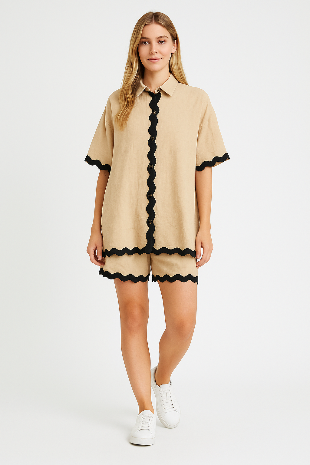 Oversized Shirt And Drawstring Shorts Viscose Blend Tape Coord Set