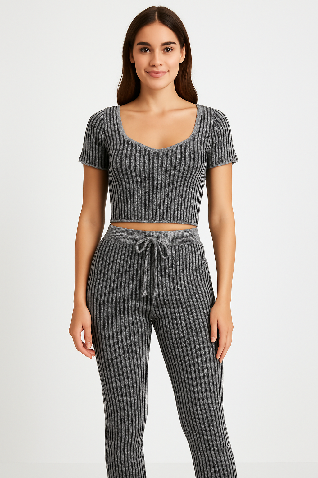 Ribbed Knit Short Sleeve Top And Leggings Two-Piece Loungewear Set