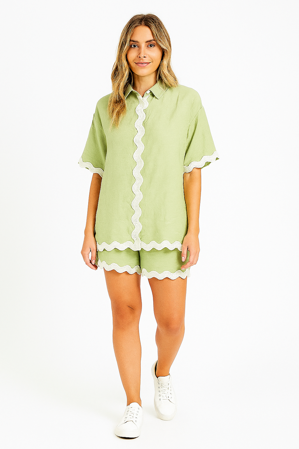 Oversized Shirt And Drawstring Shorts Viscose Blend Tape Coord Set