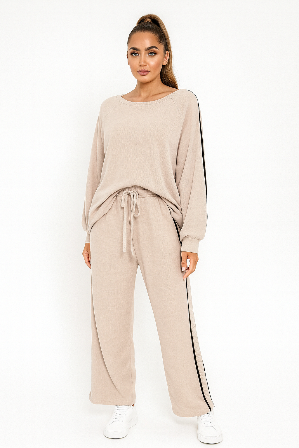 Long Side Stripe Sleeve Sweatshirt And Wide Leg Textured Coord Set