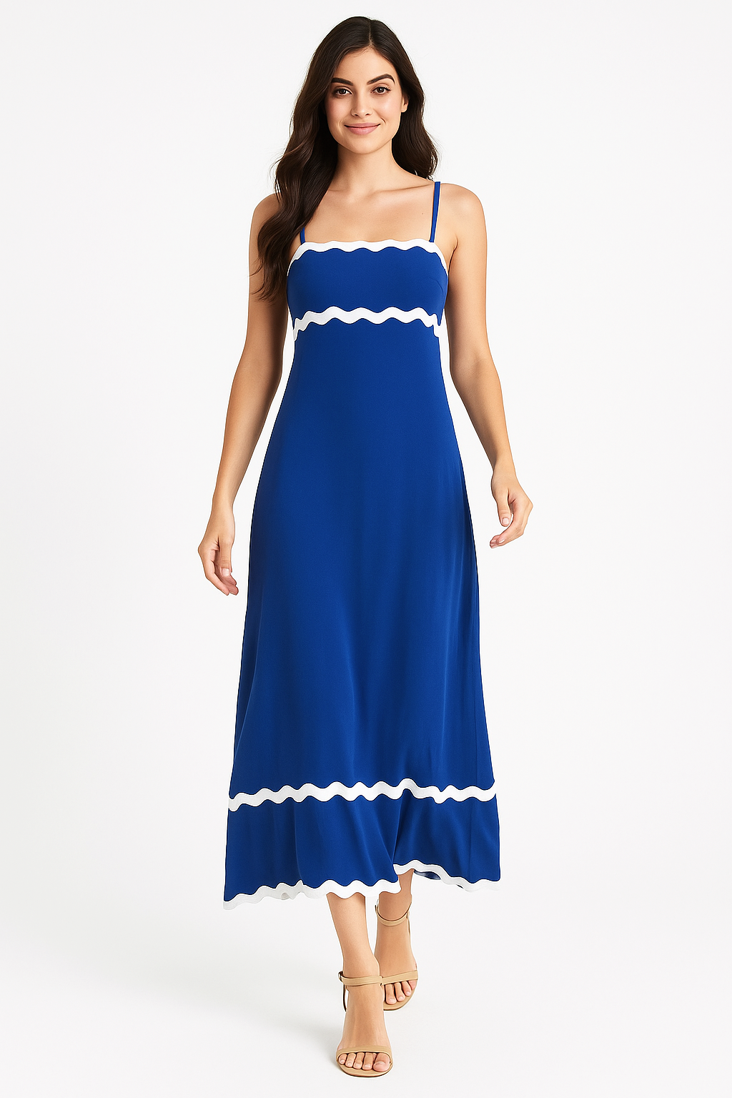 Viscose Blend Conrast Biding Flowy A-Line Strappy Maxi Dress