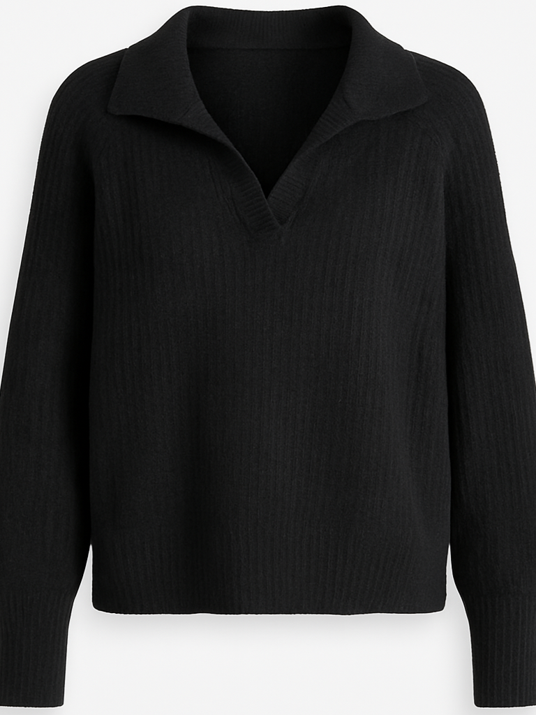 Ribbed Knit Collard V-Neck Relaxed Fit Jumper