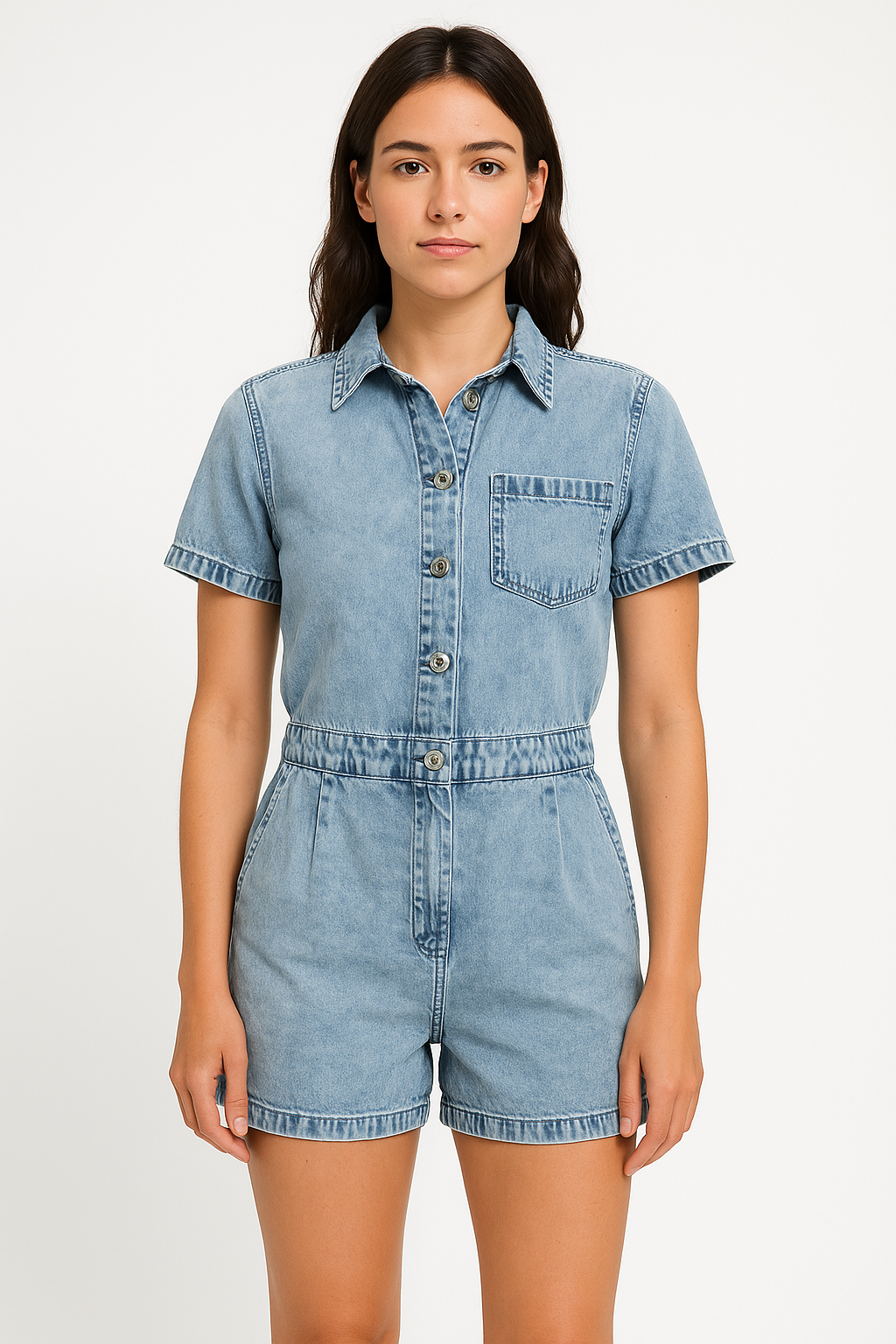 Acid Blue Front Button Short Sleeve Denim Playsuit