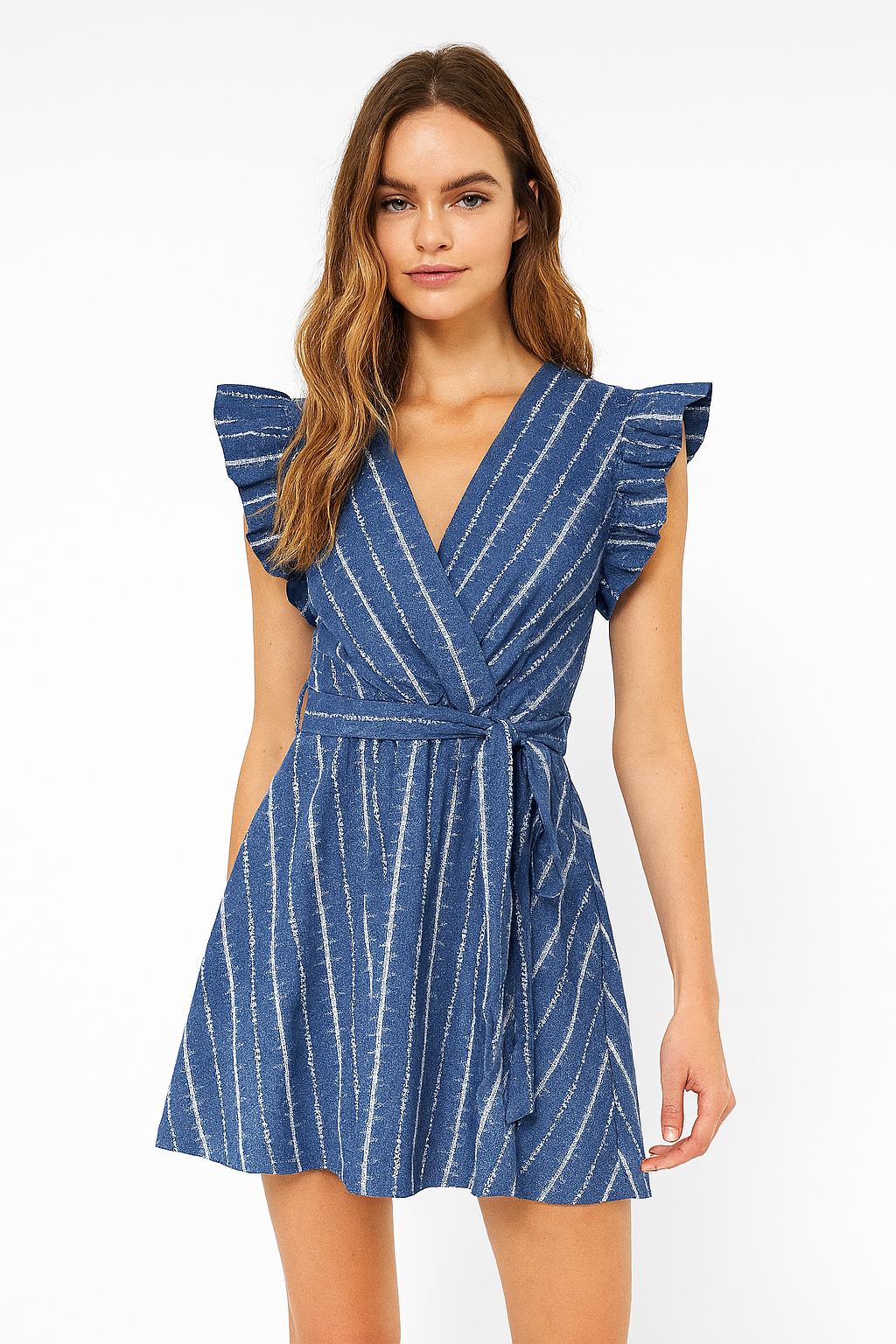 Striped Tie Up Flutter Sleeves V-Neck Cotton Blend Short Dress