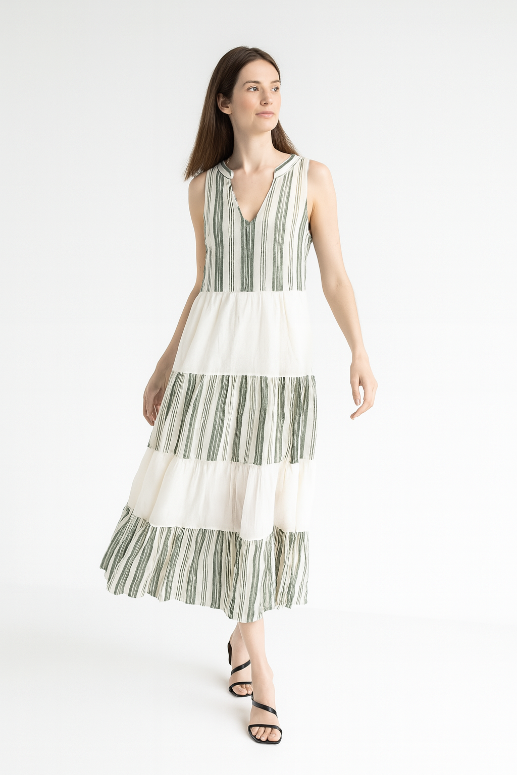 Lined Linen And Viscose Blend Tiered Maxi Sundress