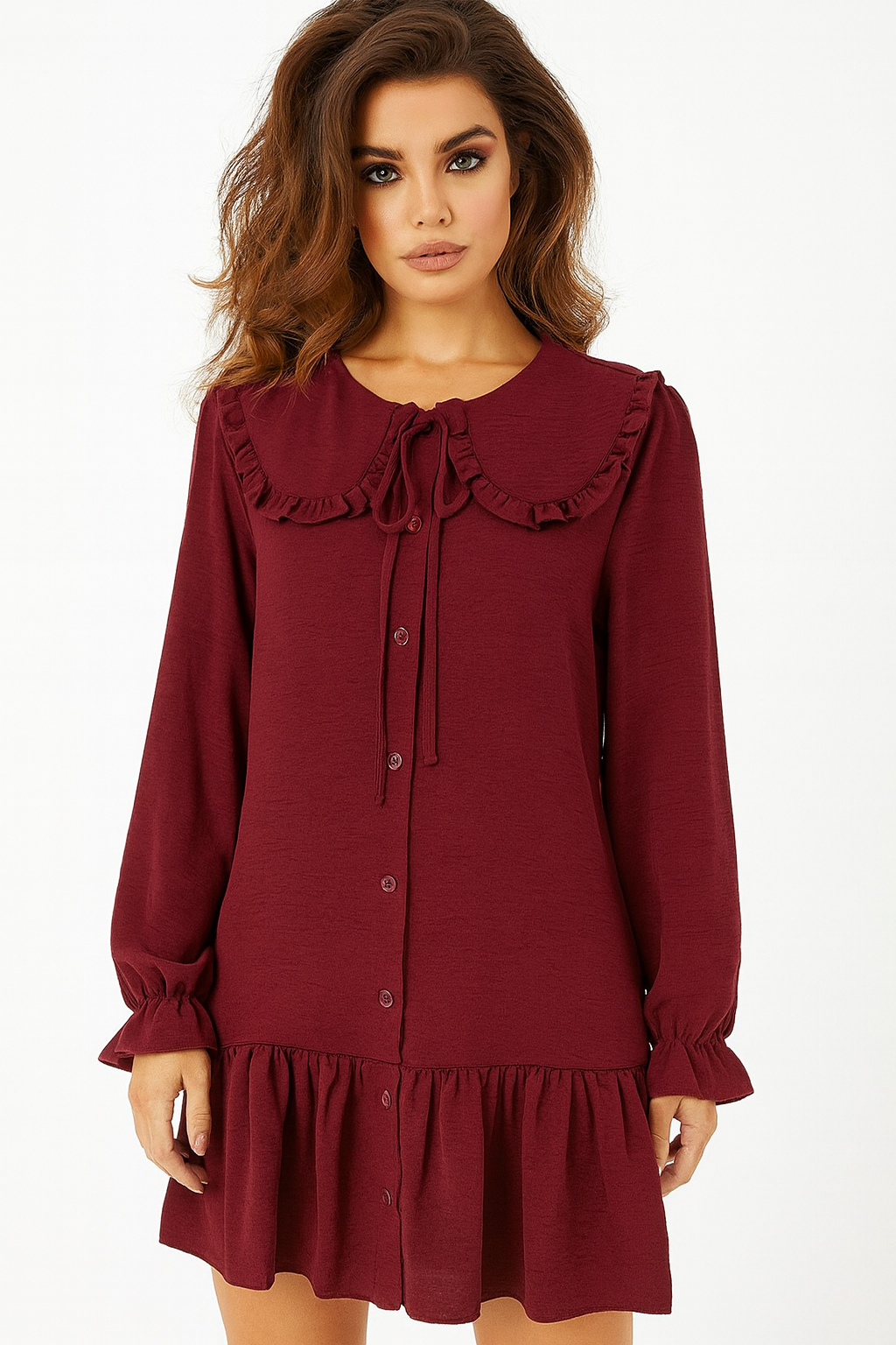 Wholesale Women's Crinkled Woven Fabric Long Sleeve Frill Tunic Dress (PACK OF 11)