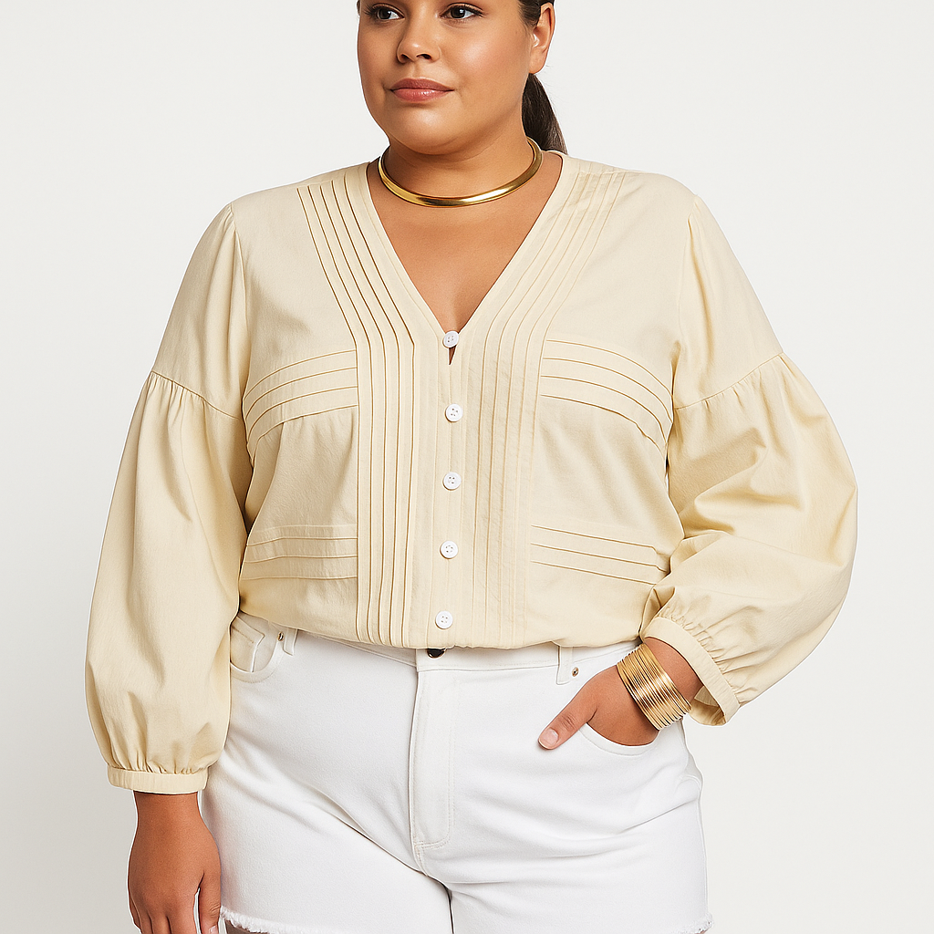 Wholesale Women's V-Neckline Puff Long Sleeve Cotton Blend Blouse (PACK OF 6)