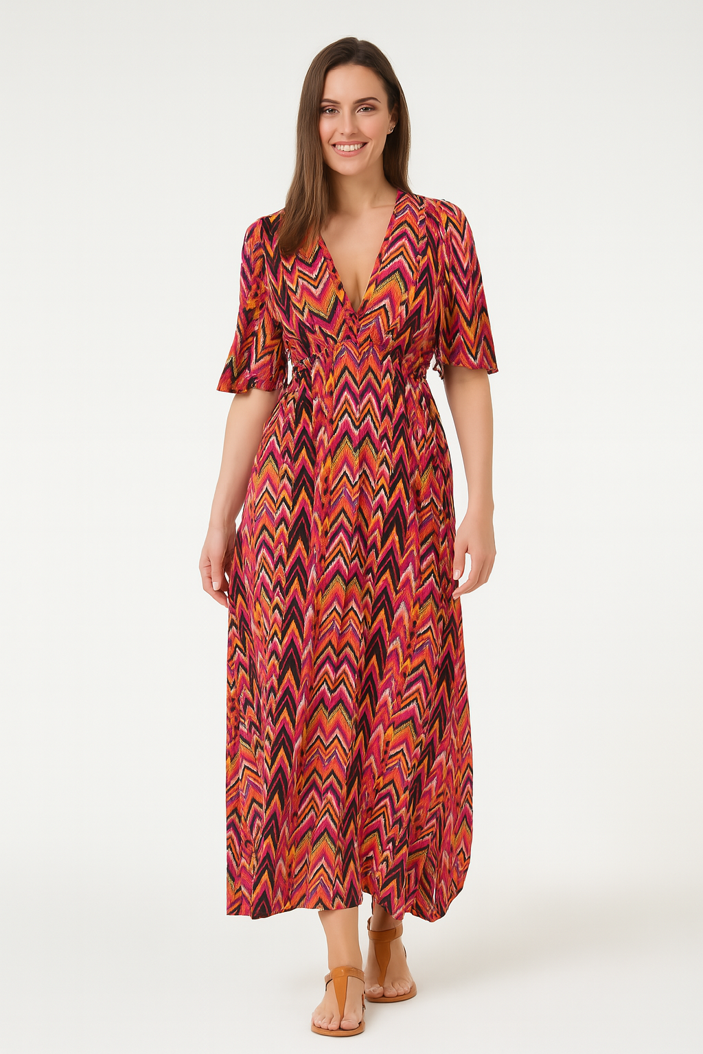 Cut Out Back Bold Zig Zag Print Long Tie Dress