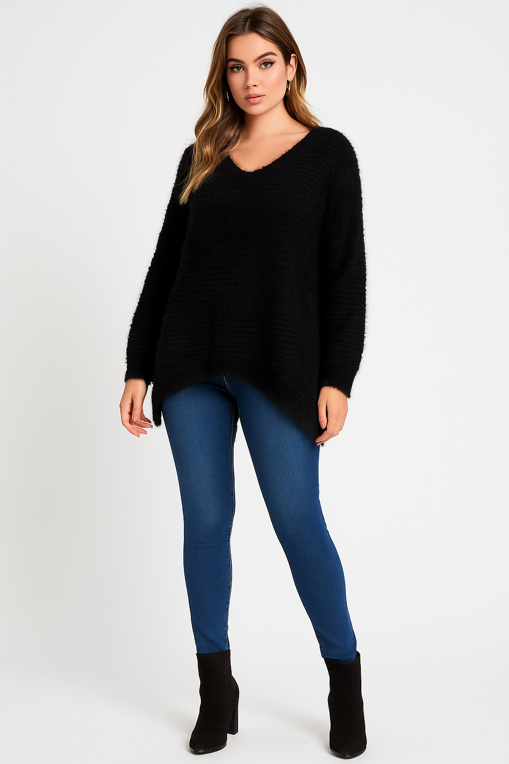 V-Neckline Fluffy Knit Jumper