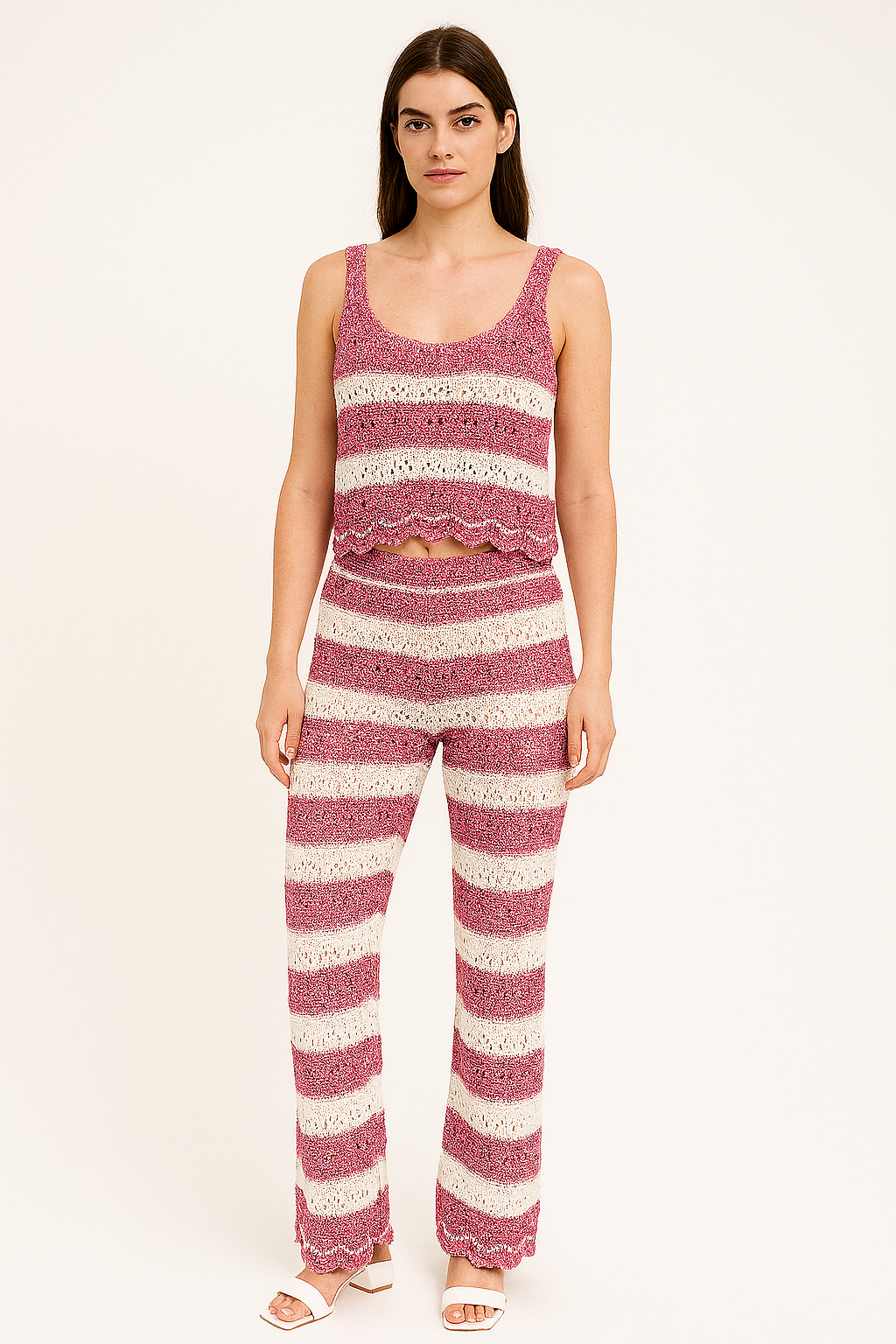 Two-Piece Sleeveless Crop Top And Flare Leg Stripe Crochet Set