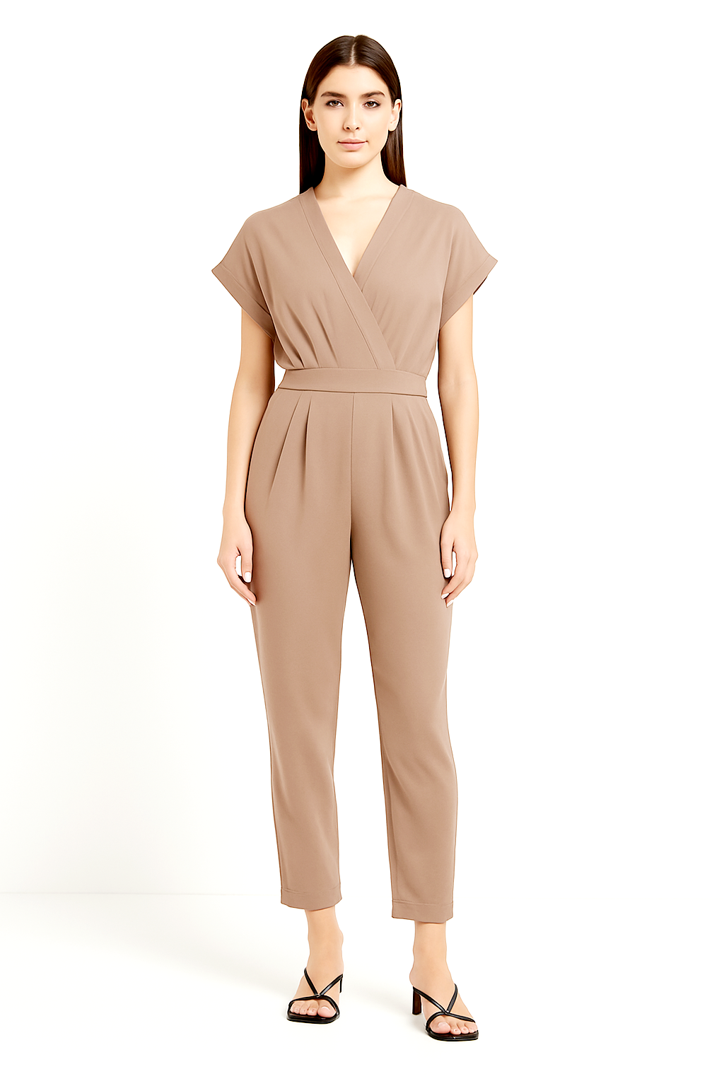 Crinkle Wrap V- Neck Tapered Leg Viscose Short Sleeve Jumpsuit