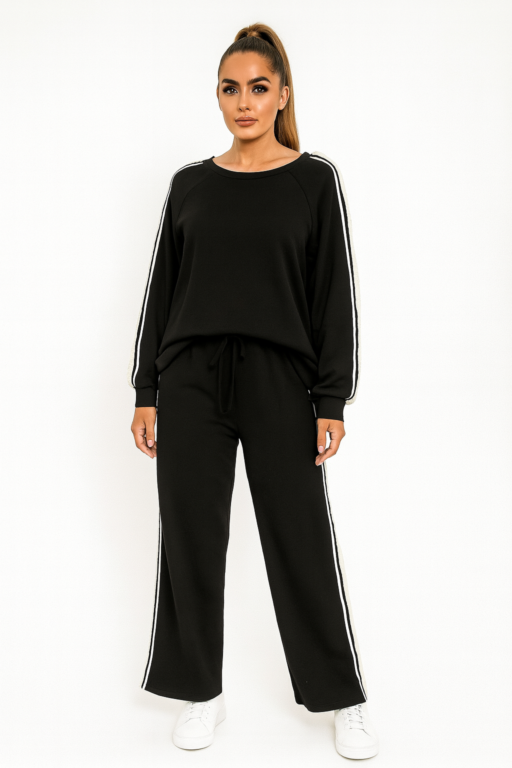 Long Side Stripe Sleeve Sweatshirt And Wide Leg Textured Coord Set