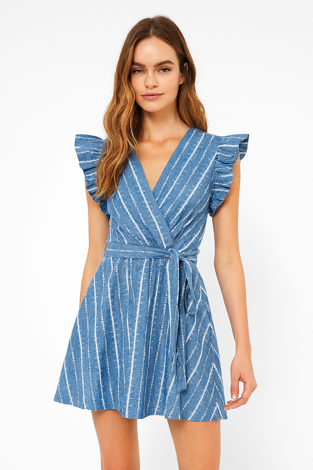 Striped Tie Up Flutter Sleeves V-Neck Cotton Blend Short Dress