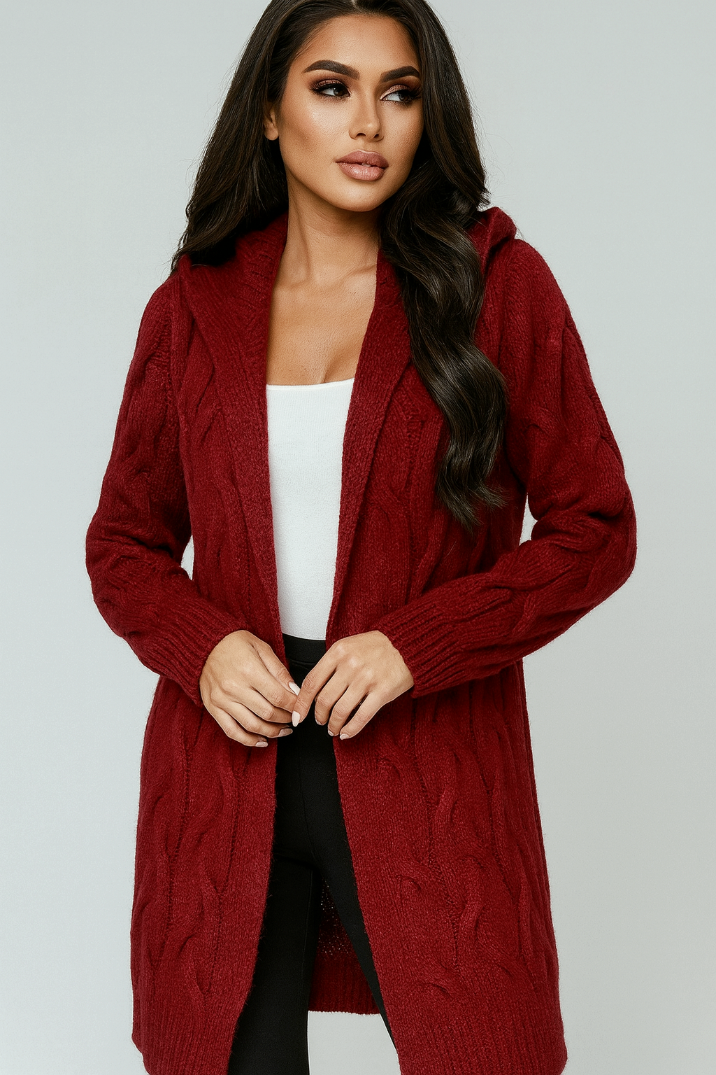 Chunky Cable Knit Hooded Longline Cardigan