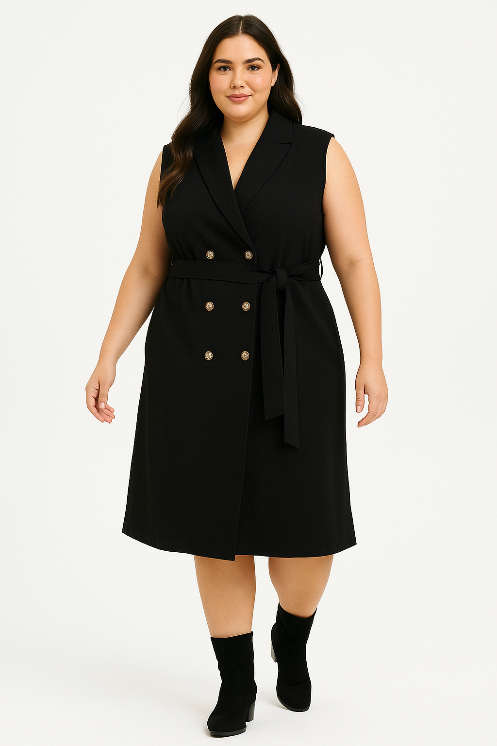 Sleeveless Double Breast Lapel Collar Tie Up A-Line Midi Coat