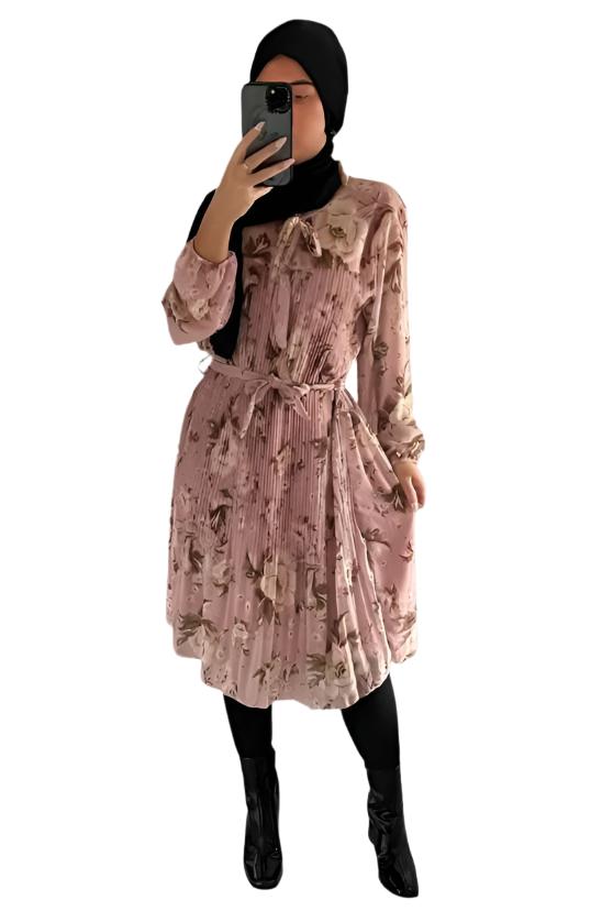 Self Tie Belt Pleated Pussy Bow Modest Dress-SinglePrice