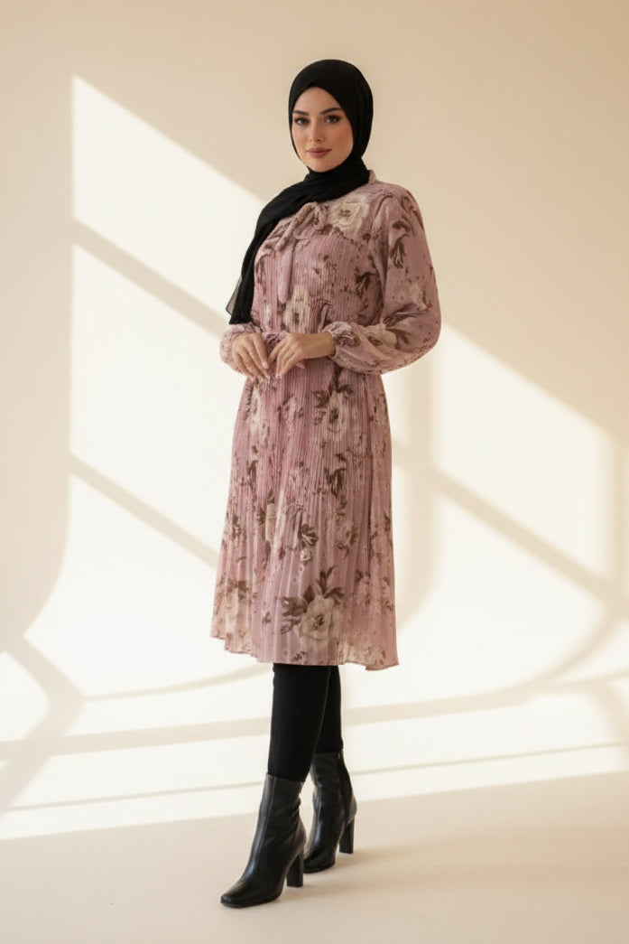 Self Tie Belt Pleated Pussy Bow Modest Dress-SinglePrice