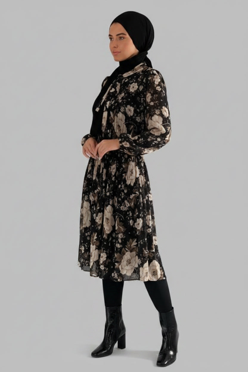 Self Tie Belt Pleated Pussy Bow Modest Dress-SinglePrice