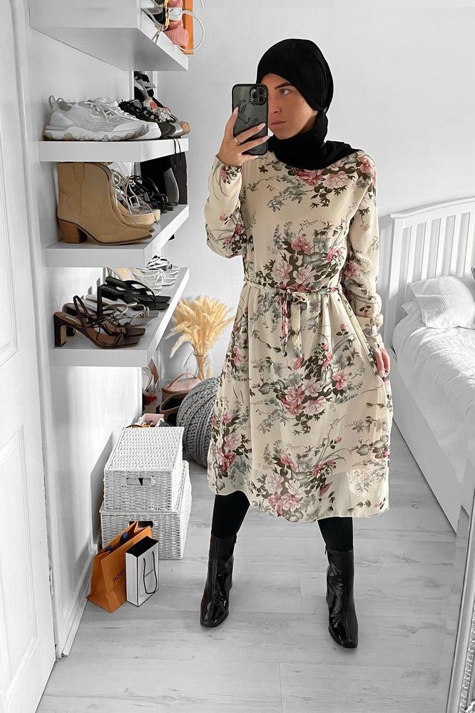 Self Tie Belt Floral Print Chiffon Modest Dress-SinglePrice