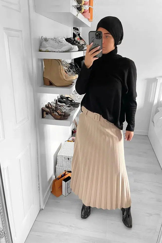 Belted Pleated Modest Skirt-SinglePrice