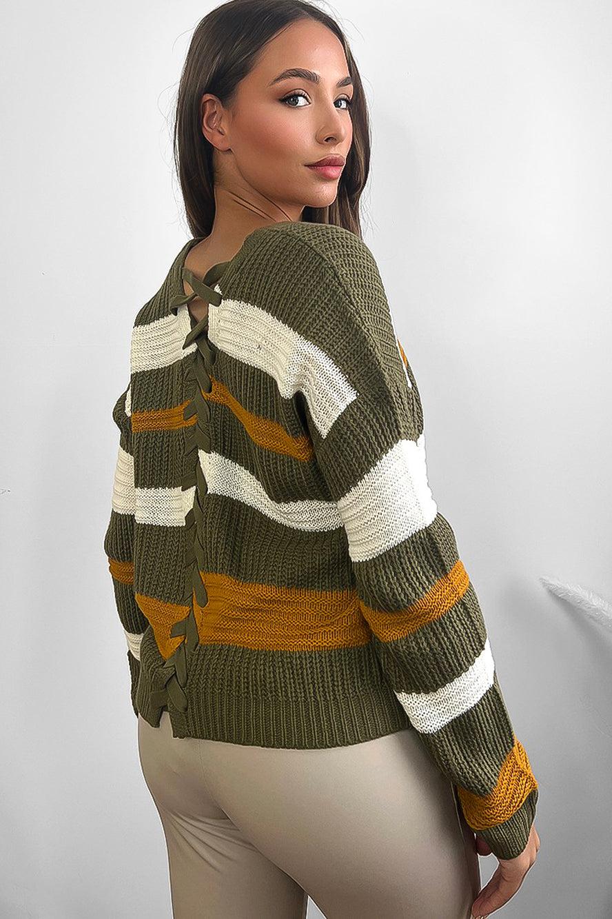 Laced Up Back V-Neck Stripy Pullover-SinglePrice
