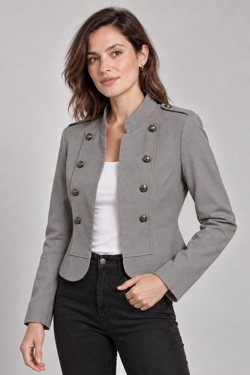 Military Style Stand Collar Cropped Jacket - GREY