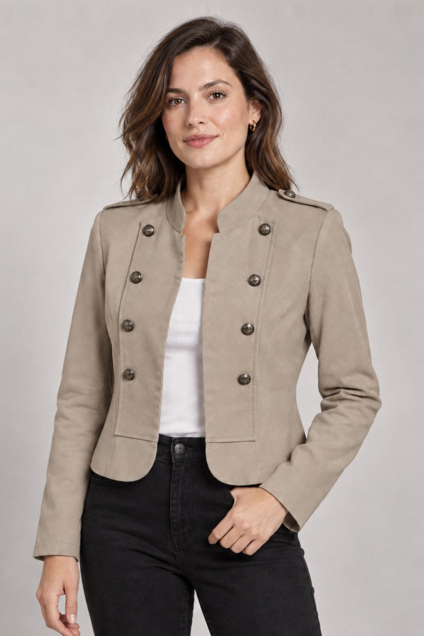 Military Style Stand Collar Cropped Jacket - TAUPE