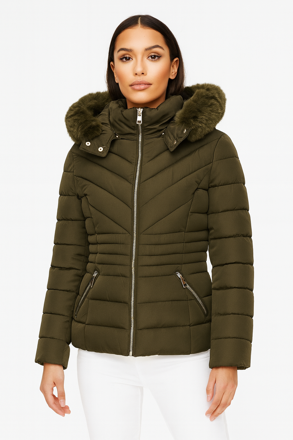Chevron Quilt Faux Fur Hood Puffer Jacket